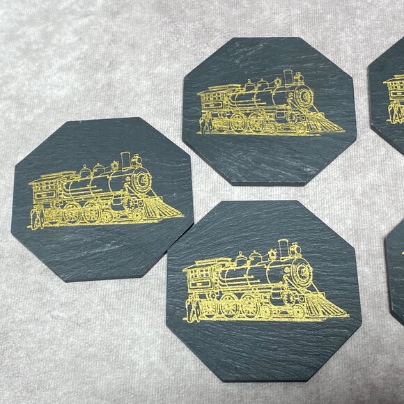 Genuine Slate Coasters Set Of 6 With Train Design By Giffard & White - Picture 4 of 7